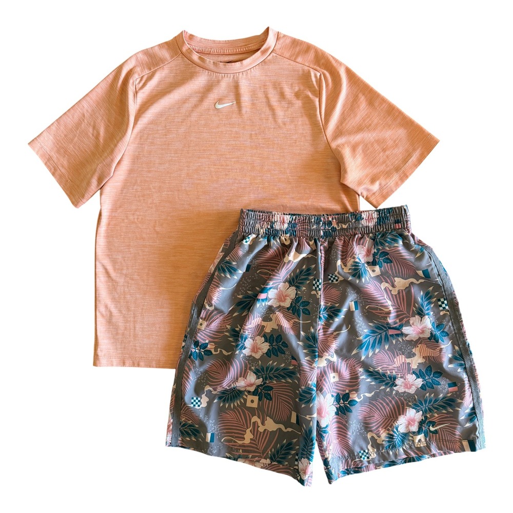 Nike Boys Coral Tropical Print Dri-FIT Athletic Shirt Shorts Outfit - Youth XL